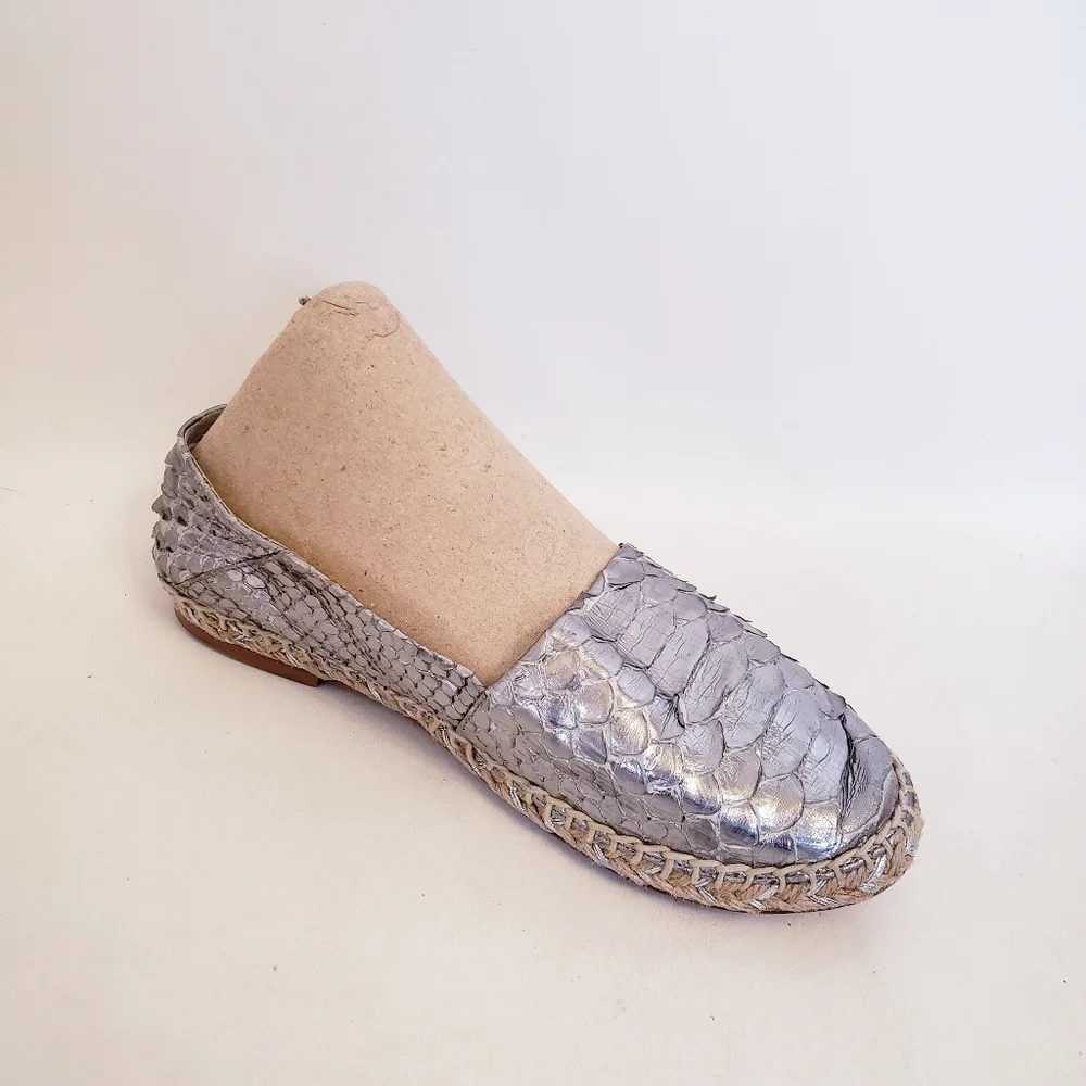 Alexandre Birman Silver Python Flat Espadrilles, Size 36 1/2